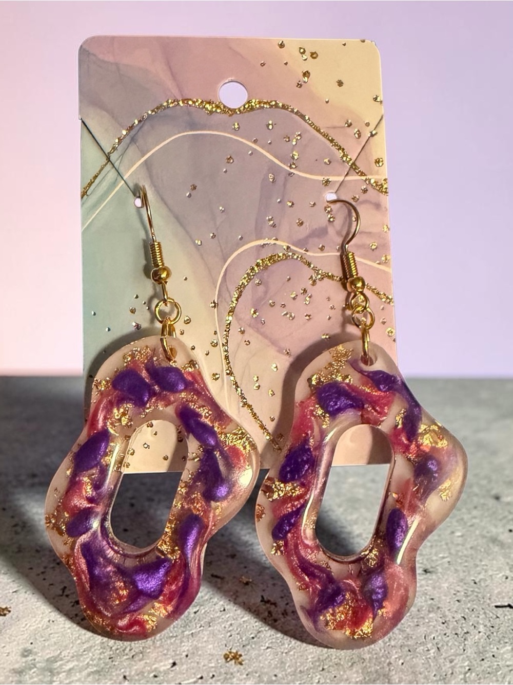 Gold-Accented Purple and Pink Resin Drop Earrings